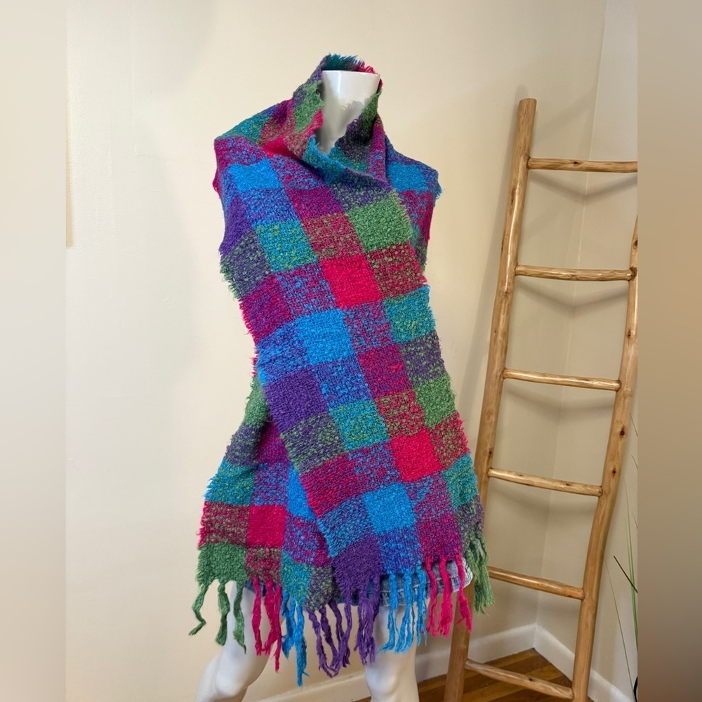 DONEGAL DESIGN Mohair Irish Colorful Plaid Fringe Textured Chunky Scarf